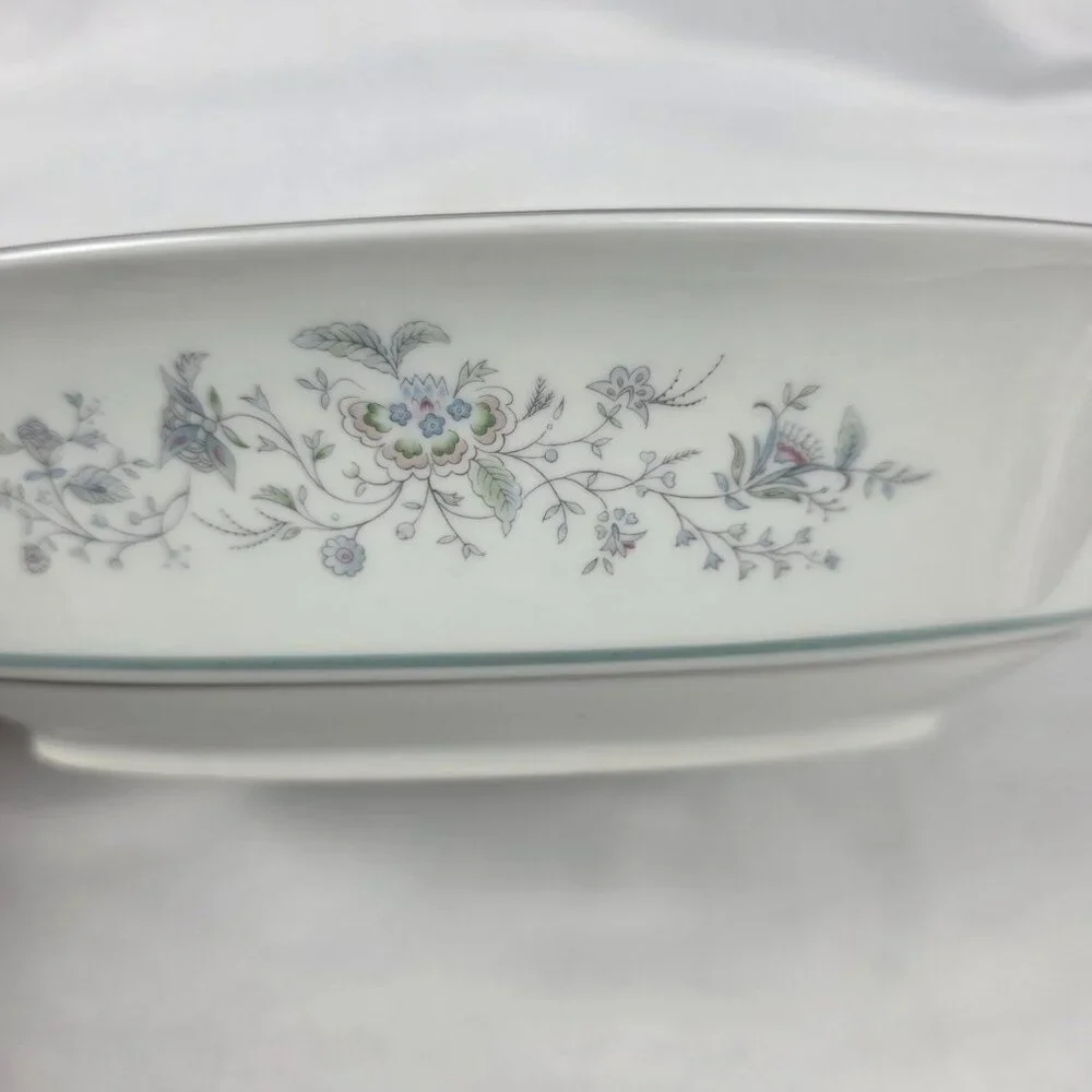 Oxford China Spring 10 Inch Oval Serving Bowl Multicolor Floral Rim Aqua Band